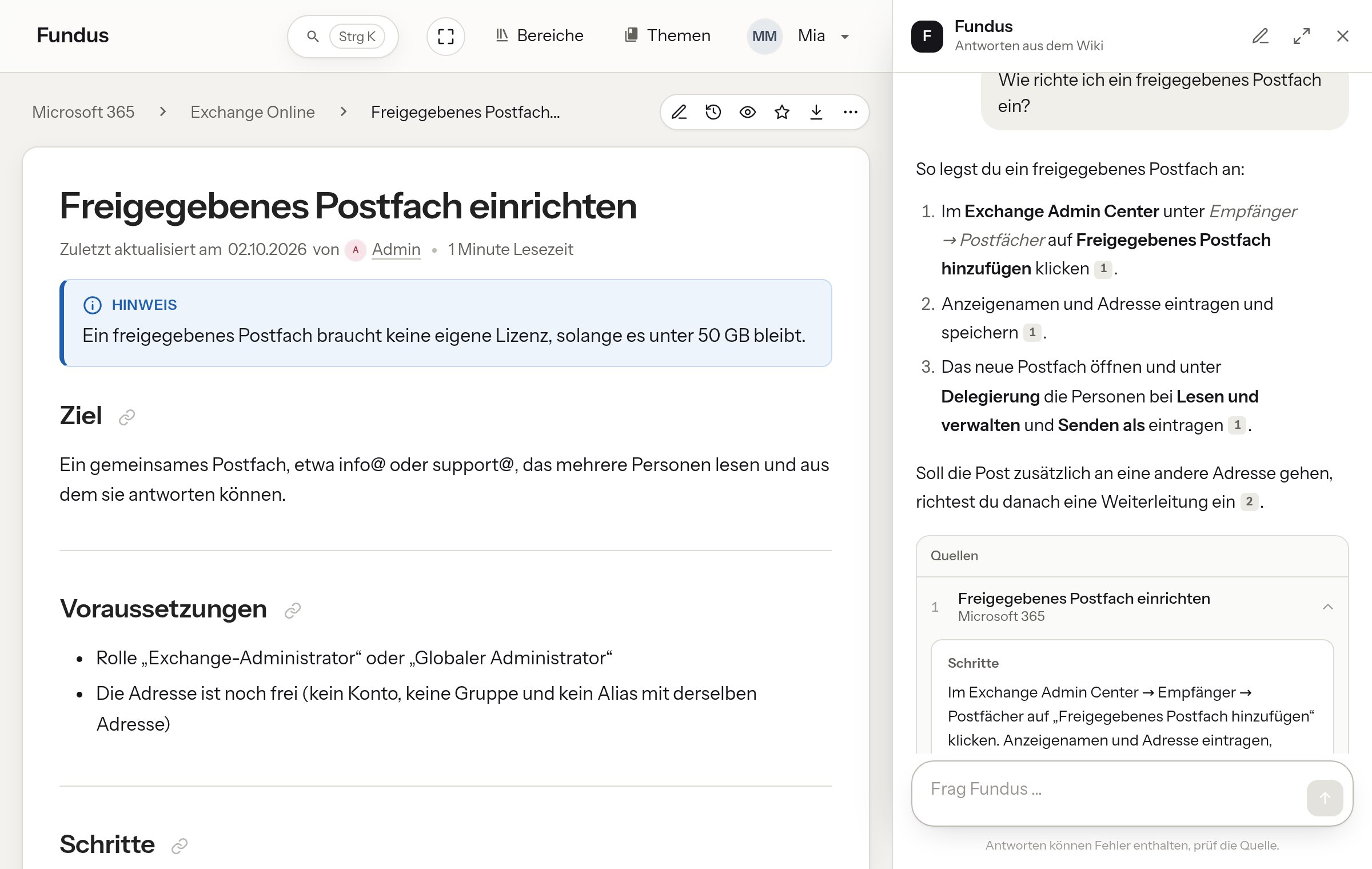 Ein Artikel im Wiki, rechts daneben beantwortet Frag Fundus eine Frage dazu und nennt die Artikel, aus denen die Antwort stammt