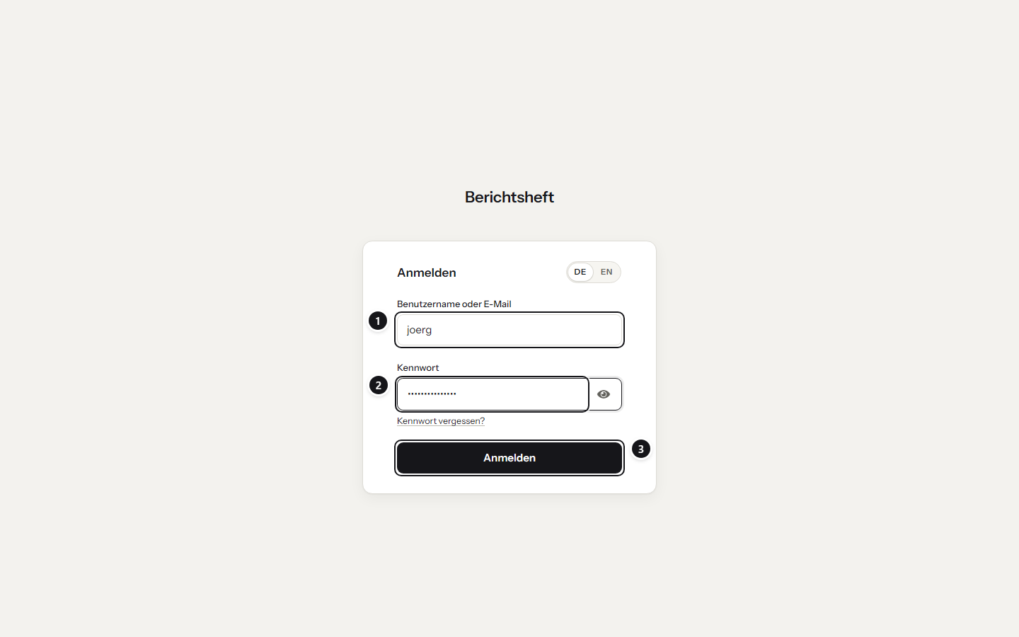 Anmeldung über Keycloak im Aussehen des Berichtshefts