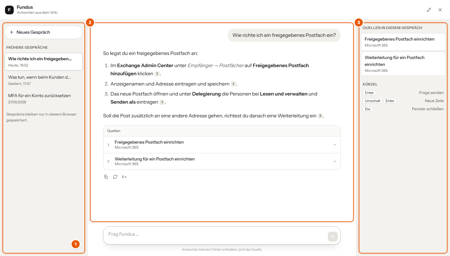 Fundus im Vollbild mit früheren Gesprächen, Chat und Quellenliste, nummeriert 1 bis 3