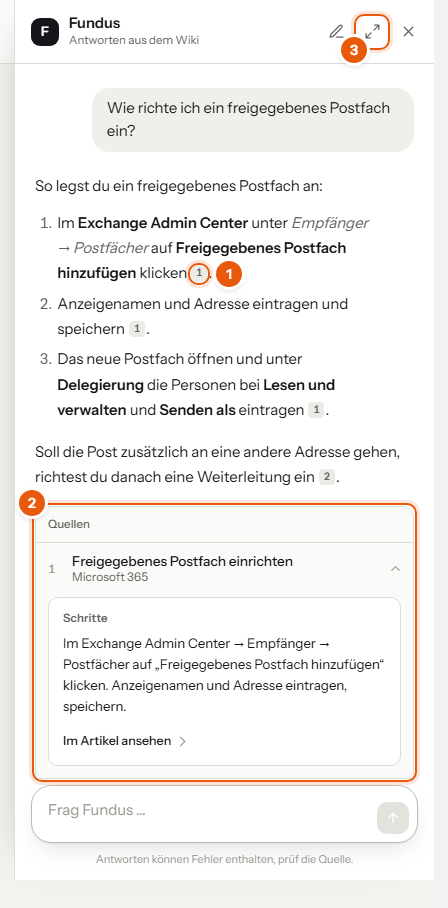 Chatfenster von Fundus mit Frage, Antwort und Quellen