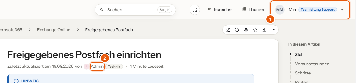 Kopfleiste mit Profilbild und Titel sowie „Zuletzt geändert von“ mit Titel, nummeriert 1 und 2