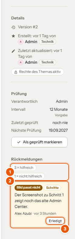 Details eines Artikels mit Zahlen zu hilfreich und nicht hilfreich und einem offenen Hinweis, nummeriert 1 bis 3