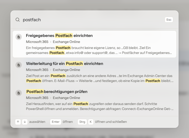 Schnellsuche mit Strg + K: Suchfeld, drei Treffer mit Textausschnitt, Tastenleiste am Fuß