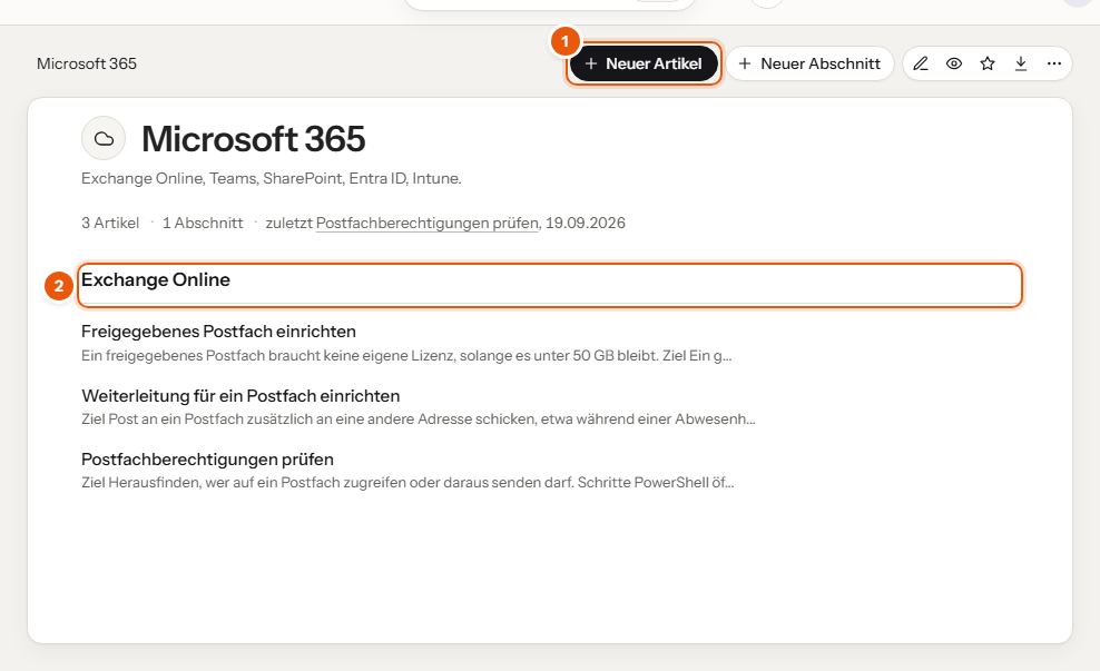 Thema Microsoft 365 mit dem Knopf „Neuer Artikel“ und einem Abschnitt, nummeriert 1 und 2
