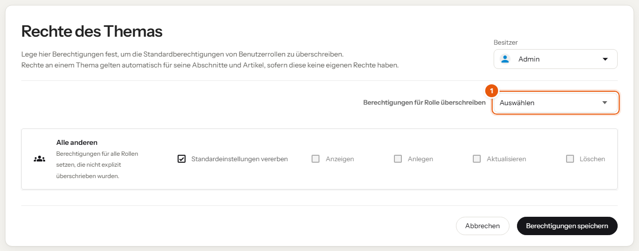 Seite „Rechte des Themas“ mit der Auswahl „Berechtigungen für Rolle überschreiben“, markiert mit 1