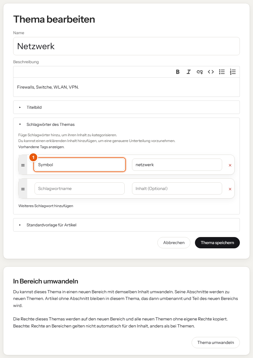 Formular „Thema bearbeiten“ mit dem Schlagwort Symbol = netzwerk, markiert mit 1