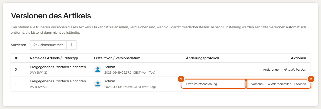 Liste „Versionen des Artikels“ mit Änderungsnotiz und Aktionen, nummeriert 1 und 2